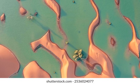 Water gushes through sand dunes after a rare rainfall in Moroccan Sahara desert 