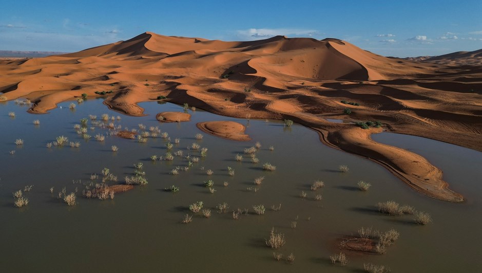 Water gushes through sand dunes after a rare rainfall in Moroccan Sahara desert 